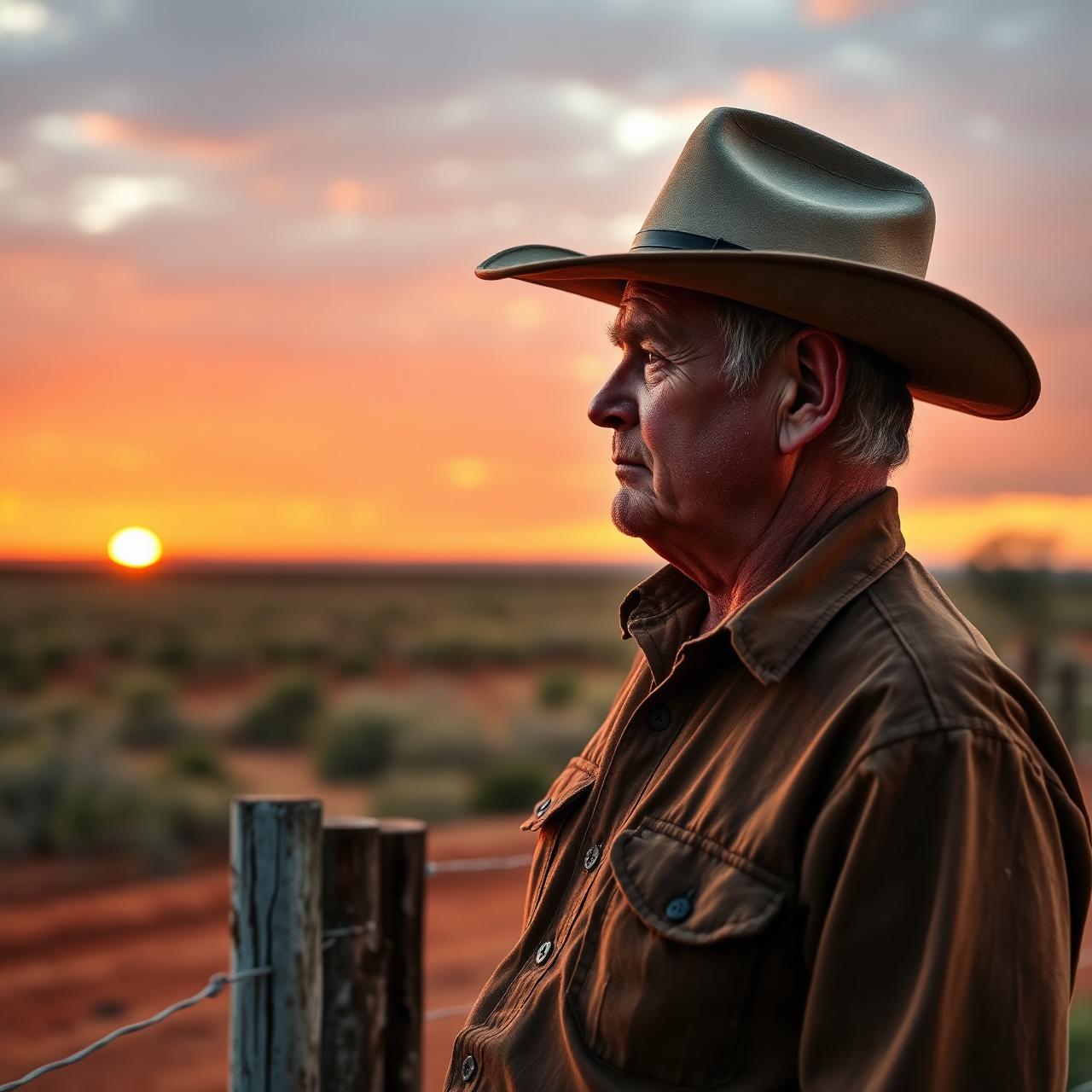 Australian grazier in akubra hat looking out over outback property